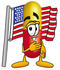 #23229 Clip Art Graphic of a Red and Yellow Pill Capsule Cartoon Character Pledging Allegiance to an American Flag by toons4biz