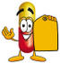 #23230 Clip Art Graphic of a Red and Yellow Pill Capsule Cartoon Character Holding a Yellow Sales Price Tag by toons4biz