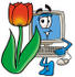 #23488 Clip Art Graphic of a Desktop Computer Cartoon Character With a Red Tulip Flower in the Spring by toons4biz