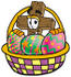 #23503 Clip Art Graphic of a Wooden Cross Cartoon Character in an Easter Basket Full of Decorated Easter Eggs by toons4biz