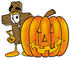 #23555 Clip Art Graphic of a Wooden Cross Cartoon Character With a Carved Halloween Pumpkin by toons4biz
