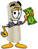 #23576 Clip Art Graphic of a Rolled Diploma Certificate Cartoon Character Holding a Dollar Bill by toons4biz
