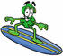#23703 Clip Art Graphic of a Green USD Dollar Sign Cartoon Character Surfing on a Blue and Yellow Surfboard by toons4biz