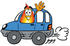 #23950 Clip Art Graphic of a Fire Cartoon Character Driving a Blue Car and Waving by toons4biz