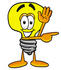 #24406 Clip Art Graphic of a Yellow Electric Lightbulb Cartoon Character Waving and Pointing by toons4biz