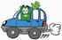 #24550 Clip Art Graphic of a Flat Green Dollar Bill Cartoon Character Driving a Blue Car and Waving by toons4biz