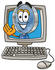#24629 Clip Art Graphic of a Blue Handled Magnifying Glass Cartoon Character Waving From Inside a Computer Screen by toons4biz