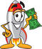 #25177 Clip Art Graphic of a Space Rocket Cartoon Character Holding a Dollar Bill by toons4biz