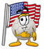 #25219 Clip Art Graphic of a White Soccer Ball Cartoon Character Pledging Allegiance to an American Flag by toons4biz