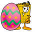 #25417 Clip Art Graphic of a Golden Admission Ticket Character Standing Beside an Easter Egg by toons4biz