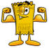 #25432 Clip Art Graphic of a Golden Admission Ticket Character Flexing His Arm Muscles by toons4biz