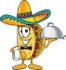 #25522 Clip Art Graphic of a Crunchy Hard Taco Character Wearing a Sombrero, Waiting Tables and Serving a Platter by toons4biz