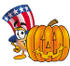 #25605 Clip Art Graphic of a Patriotic Uncle Sam Character With a Carved Halloween Pumpkin by toons4biz