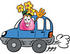 #25685 Clip Art Graphic of a Pink Vase And Yellow Flowers Cartoon Character Driving a Blue Car and Waving by toons4biz