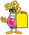 #25711 Clip Art Graphic of a Pink Vase And Yellow Flowers Cartoon Character Holding a Yellow Sales Price Tag by toons4biz