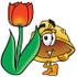 #25755 Clip Art Graphic of a Yellow Safety Hardhat Cartoon Character With a Red Tulip Flower in the Spring by toons4biz