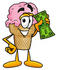 #25851 Clip Art Graphic of a Strawberry Ice Cream Cone Cartoon Character Holding a Dollar Bill by toons4biz