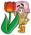 #25877 Clip Art Graphic of a Strawberry Ice Cream Cone Cartoon Character With a Red Tulip Flower in the Spring by toons4biz