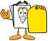 #26096 Clip Art Graphic of a White Copy and Print Paper Cartoon Character Holding a Yellow Sales Price Tag by toons4biz