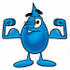 #26162 Clip Art Graphic of a Blue Waterdrop or Tear Character Flexing His Arm Muscles by toons4biz