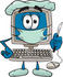 #26234 Clip Art Graphic of a Desktop Computer Surgeon Cartoon Character in Scrubs, Holding a Scalpel by toons4biz