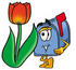 #26306 Clip Art Graphic of a Blue Snail Mailbox Cartoon Character With a Red Tulip Flower in the Spring by toons4biz