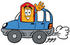 #26419 Clip Art Graphic of a Red and Yellow Sales Price Tag Cartoon Character Driving a Blue Car and Waving by toons4biz