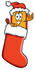 #26425 Clip Art Graphic of a Red and Yellow Sales Price Tag Cartoon Character Wearing a Santa Hat Inside a Red Christmas Stocking by toons4biz