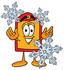#26435 Clip Art Graphic of a Red and Yellow Sales Price Tag Cartoon Character With Three Snowflakes in Winter by toons4biz