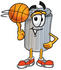 #26576 Clip Art Graphic of a Metal Trash Can Cartoon Character Spinning a Basketball on His Finger by toons4biz