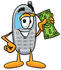 #26636 Clip Art Graphic of a Gray Cell Phone Cartoon Character Holding a Dollar Bill by toons4biz