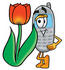 #26646 Clip Art Graphic of a Gray Cell Phone Cartoon Character With a Red Tulip Flower in the Spring by toons4biz