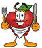 #26677 Clip art Graphic of a Red Apple Cartoon Character Holding a Knife and Fork by toons4biz