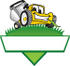 #27385 Clip Art Graphic of a Yellow Lawn Mower Mascot Character Facing Front And Chewing On A Blade Of Grass On Top Of A Grassy Hill In The Shape Of A Triangle With A Blank Label On A Logo by toons4biz