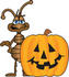 #27500 Clip Art Graphic of a Brown Ant Insect Mascot Character Standing Behind a Carved Halloween Pumpkin by toons4biz