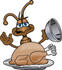 #27510 Clip Art Graphic of a Brown Ant Insect Mascot Character Serving a Thanksgiving Turkey on a Platter by toons4biz