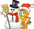 #27612 Clip Art Graphic of a Swiss Cheese Wedge Mascot Character Standing by a Snowman by toons4biz