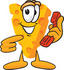 #27614 Clip Art Graphic of a Swiss Cheese Wedge Mascot Character Holding and Pointing to a Red Phone by toons4biz