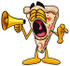#28087 Clip Art Graphic of a Cheese Pizza Slice Cartoon Character Screaming Into a Megaphone by toons4biz
