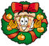 #28097 Clip Art Graphic of a Cheese Pizza Slice Cartoon Character in the Center of a Christmas Wreath by toons4biz