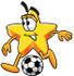#28136 Clip Art Graphic of a Yellow Star Cartoon Character Kicking a Soccer Ball During a Game by toons4biz