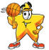 #28139 Clip Art Graphic of a Yellow Star Cartoon Character Spinning a Basketball on the Tip of His Finger by toons4biz