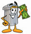 #28225 Clip Art Graphic of a Metal Trash Can Cartoon Character Holding a Dollar Bill by toons4biz