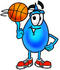 #28235 Clip Art Graphic of a Blue Waterdrop or Tear Character Spinning a Basketball on His Finger by toons4biz