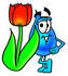 #28249 Clip Art Graphic of a Blue Waterdrop or Tear Character With a Red Tulip Flower in the Spring by toons4biz