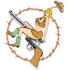 #29137 Royalty-free Cartoon Clip Art of a Sexy Blond Woman In A Short Halter Top And Short Mini Skirt, Wearing Cowboy Boots And Holding Up Her Hat While Riding A Pistil, Surrounded By Barbed Wire by Andy Nortnik