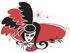 #29202 Royalty-free Cartoon Clip Art of a Pretty Showgirl In Red And Black Feathers, Holding Out Her Arm In Front Of A Red Circle by Andy Nortnik