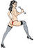 #29203 Royalty-free Cartoon Clip Art of a Sexy Topless Brunette Woman In A Red Thong, Stockings And Heels, Looking Back Over Her Shoulder And Holding A Wrench and Stradling Something Invisible by Andy Nortnik