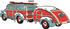 #29444 Royalty-free Cartoon Clip Art of a Green And Red Woody Car Hauling A Trailer And Carrying Skis And Poles On The Roof by Andy Nortnik