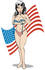 #29590 Royalty-free Cartoon Clip Art of a Sexy Brunette Woman In A Stars And Stripes Bikini With A Surprised Look On Her Face As Her Top Falls Off, Standing In Front Of An American Flag by Andy Nortnik